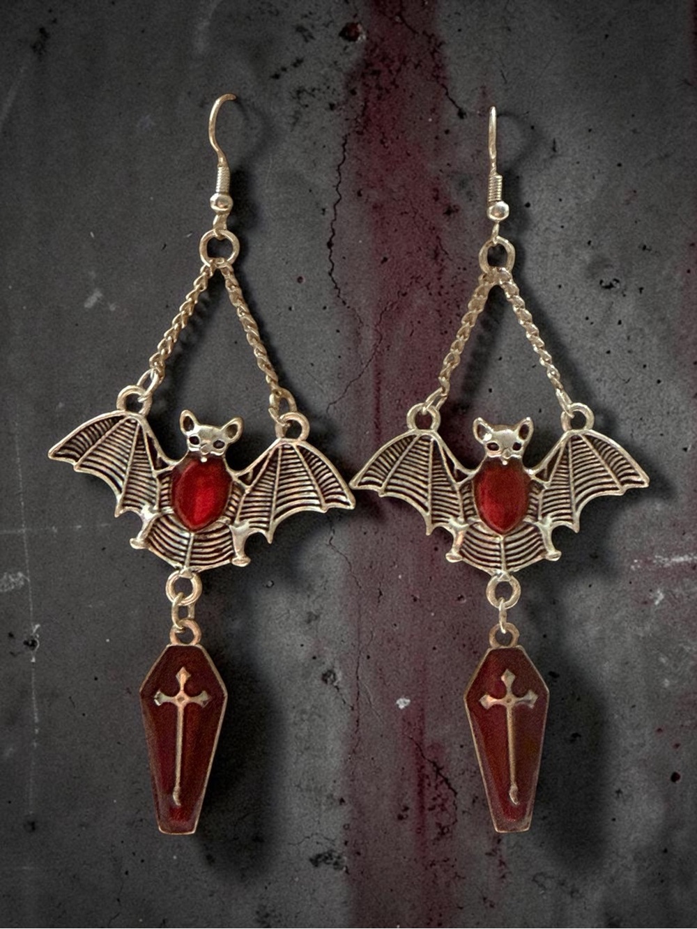 Gothic Bat & Coffin Dangle Earrings in Red
